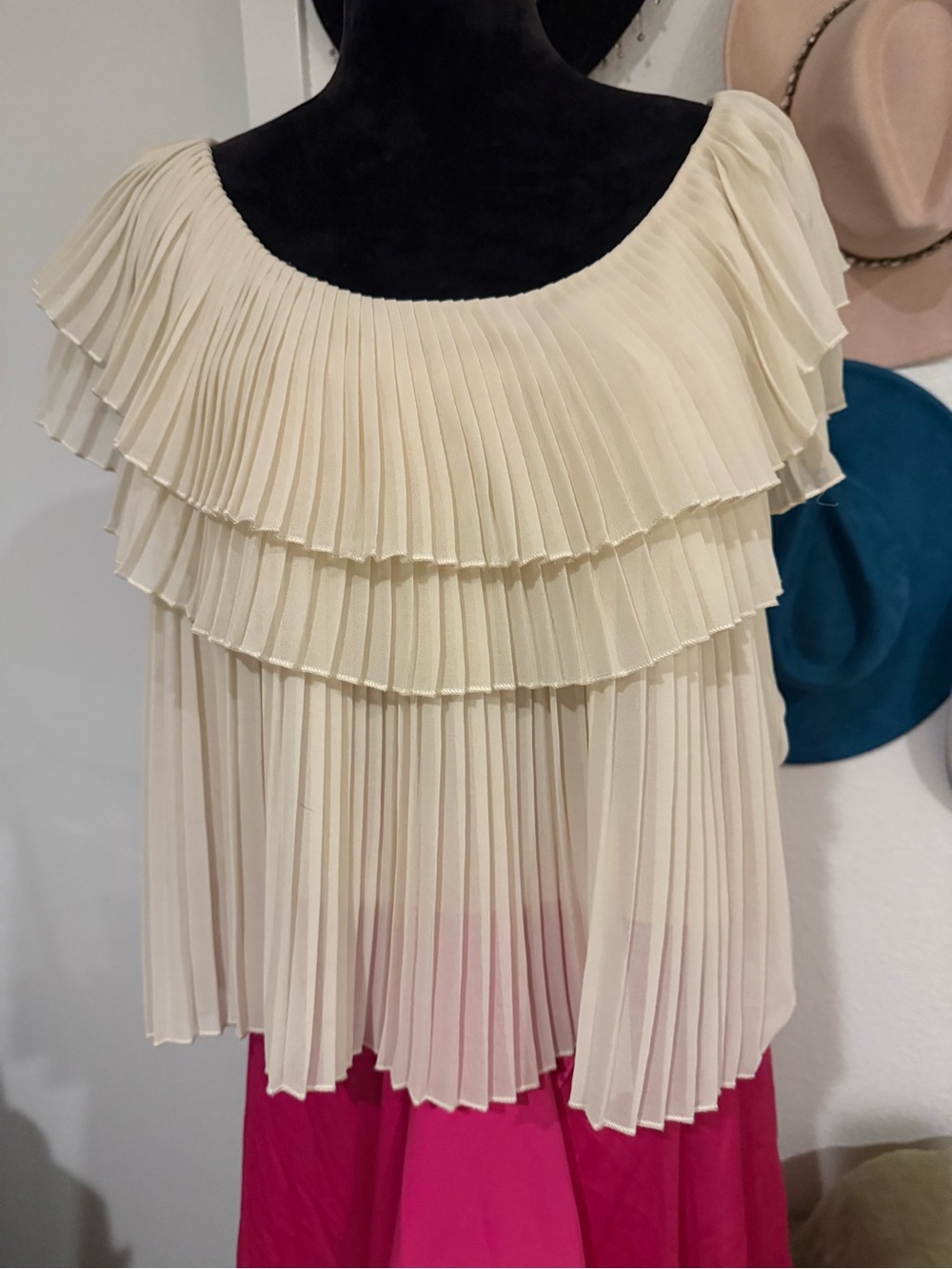 ELF Cream Pleated Ruffle Off-Shoulder Blouse